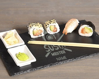 2er Set Schiefer-Servierplatten mit 4 Dipschalen + 10 Essstäbchen für Sushi/Personalisiert