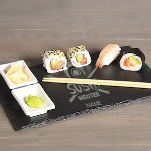 Lot de 2 assiettes de service en ardoise avec 4 bols à trempette + 10 baguettes pour sushi/personnalisées