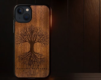 iPhone 14 case with personal photo and/or writing, cover, protective case made of real wood + plastic - customizable, modelable