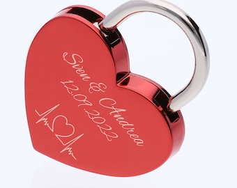Heart Love lock engraved with name date and motif as a gift for wedding anniversary, Valentine's Day or gift. 1x lock incl. 1x key.