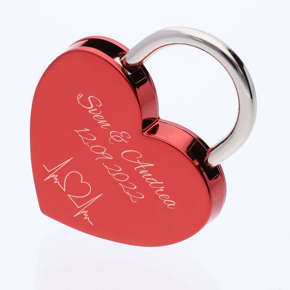 Heart Love lock engraved with name date and motif as a gift for wedding anniversary, Valentine's Day or gift. 1x lock incl. 1x key.