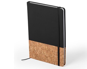 Personalisiertes A5 Notizblock schwarz mit Korkfläche // Kunstleder // Hardcover // 100 Blatt // Geschenk für Freunde // Gut fürs Büro //