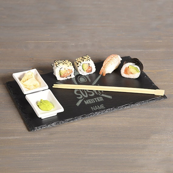 Set of 2 slate serving platters with 4 dip bowls + 10 chopsticks for sushi/personalized