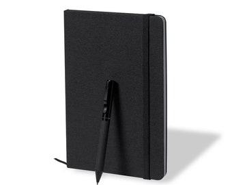 Set of notepad and pen in black, customizable with laser engraving