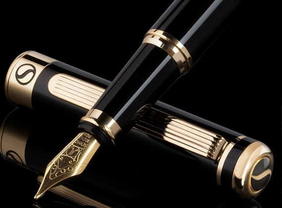 Scriveiner black fountain pen fountain pen noble with 24 carat gold finish, Schmidt 18 carat gold plated nib