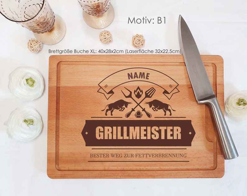 Grillbrett mit Namensgravur/Hochwertig gearbeitetes Schneidebrett für jeden Grillmeisterin, Personalisierbar, Vatertag Motiv B1