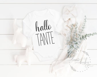 Baby Body "Hallo TANTE", Babybody als Geschenk oder zur Schwangerschaftsverkündung, Langarmbody & Kurzarmbody in Weis aus Bio Baumwolle