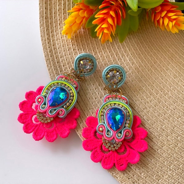 Neón pink earrings, Long soutache earrings with lace trimp,wedding earrings,lace earrings, chandelier earrings,dangle and drop earrings