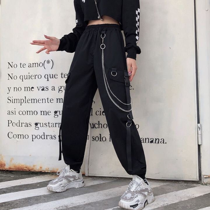 Side Pocket Belt Strap Chain Pants 