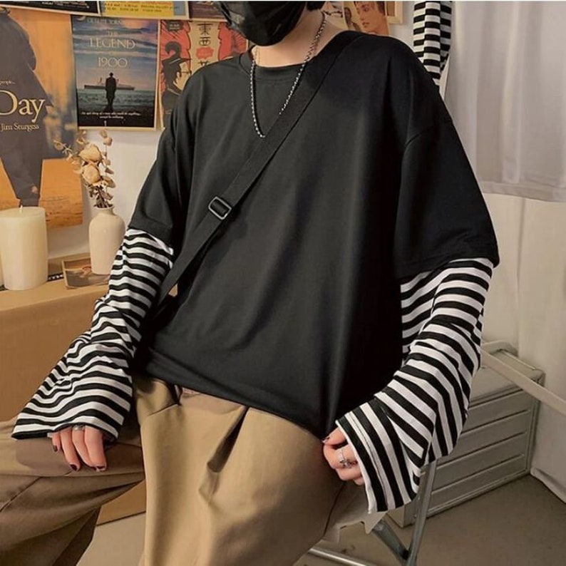 Long Sleeve Fake Two-piece T Shirt Striped Oversized Shirts | Etsy