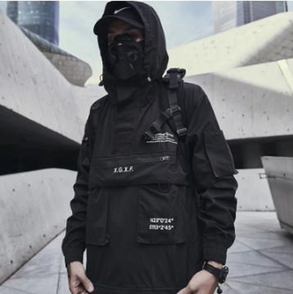 Techwear Jacket Men Black Hooded Multi Pockets Etsy