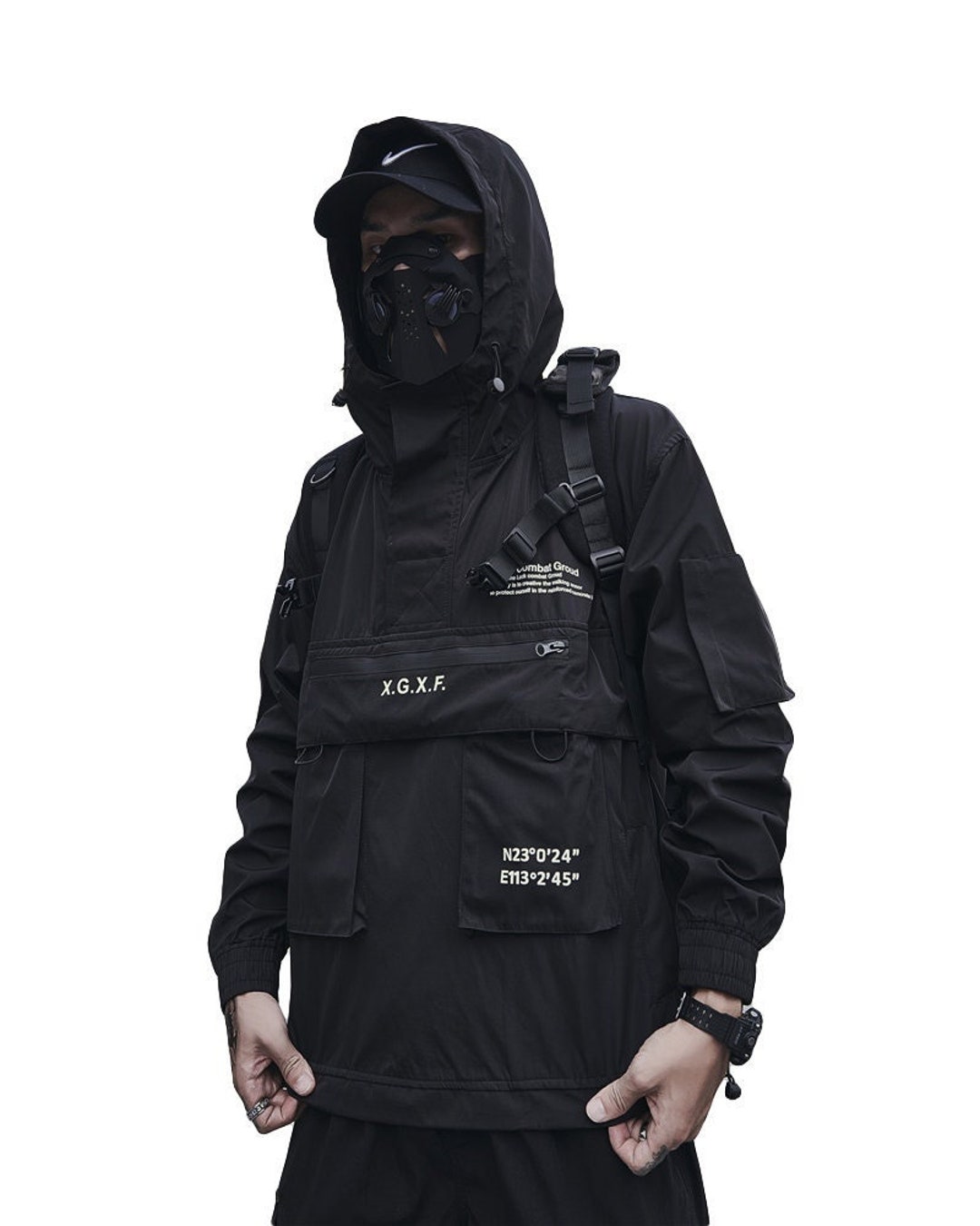 Techwear Black Hooded Jacket - Etsy