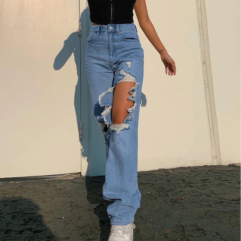 Ripped Straight Jeans Women - Etsy 