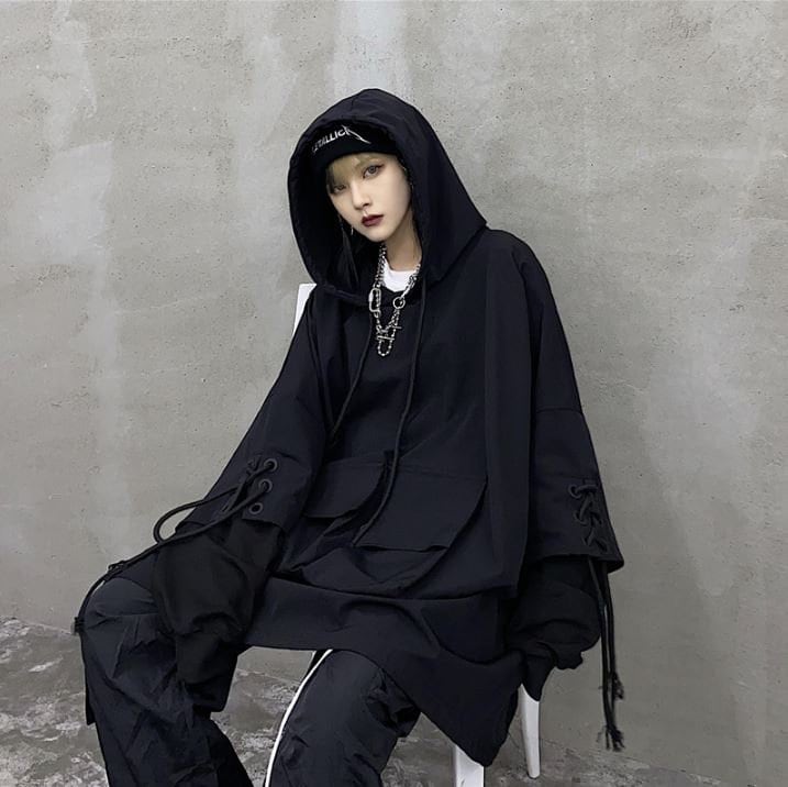Streetwear Harajuku Lace Up String Sleeve Cargo Pocket Hooded | Etsy