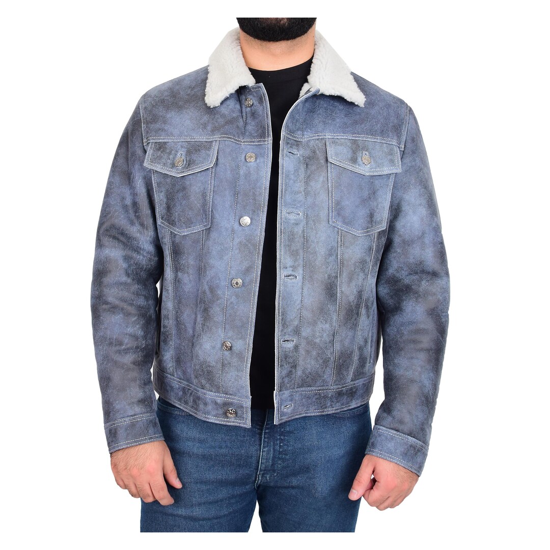 Chester Mens Real Sheepskin Denim Jacket Blue Etsy
