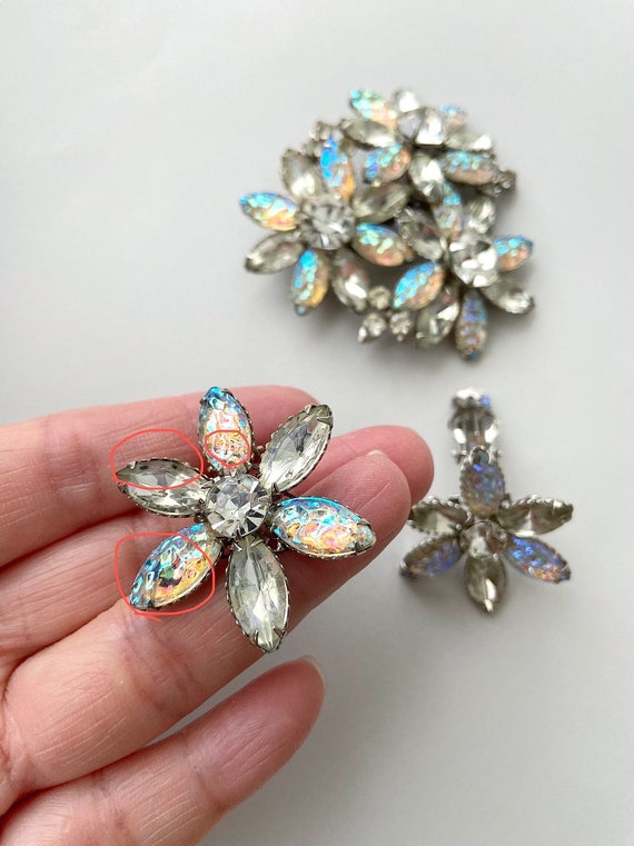 60s Iridescent Lava Stone Demi Parure Flower Broo… - image 8