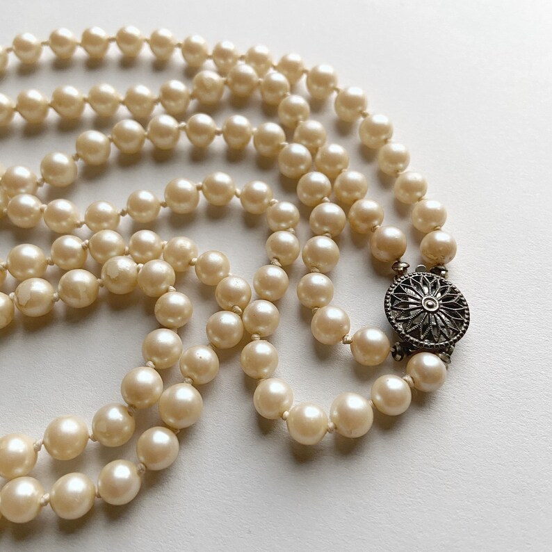 Vintage Mid Century Double Strand Knotted Faux Pearl Necklace Etsy