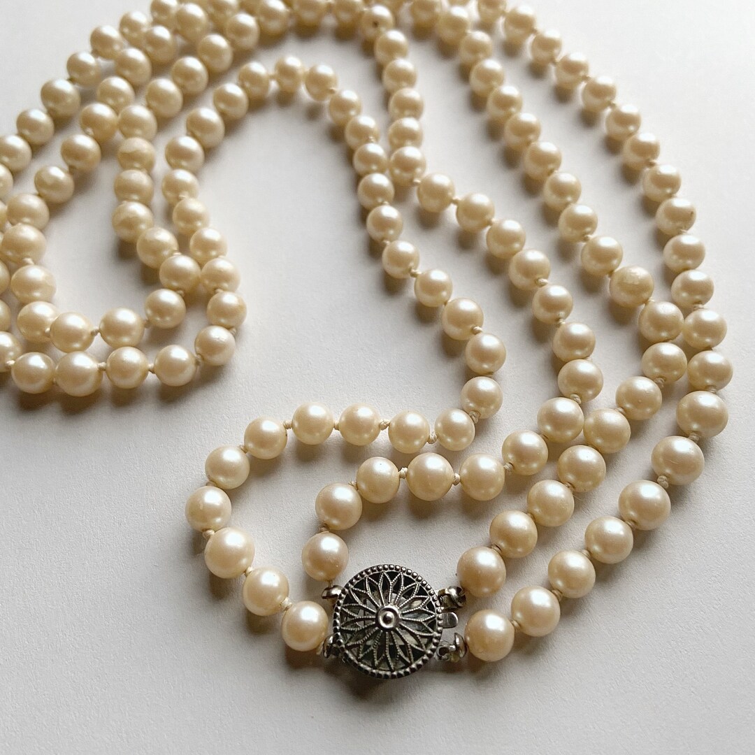 Vintage Mid Century Double Strand Knotted Faux Pearl Necklace With