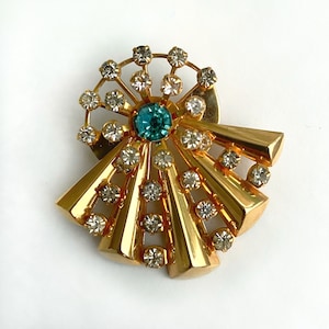 Vintage Art Deco Gold Tone Rhinestone Brooch Pendant, 1940s Jewelry