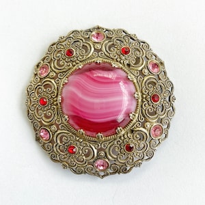 Vintage Pink Porphyry Glass Brooch: Made In Germany Eloxal Filigree Jewelry