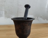 Antique solid mortar with pestle vessel, cast iron pestle, vintage kitchen decor, vintage cast iron