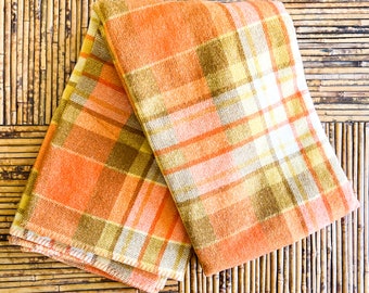 Orange tartan pattern 100% wool blanket 185cm x 206cm