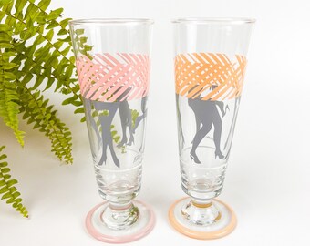 Vintage Panache Cocktail Glasses with Legs / Heels Pink & Orange Striped Set of 2