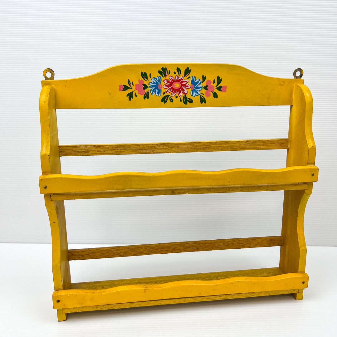 Yellow Wooden Hanging Kitchen Spices Rack With Flower Artwork - Etsy