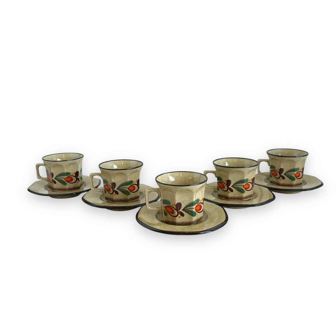 Italian Pottery Tea Set - 5 Cups and Saucers With Hand-painted Fruit ...