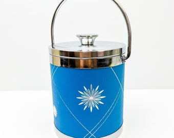 Blue and silver chrome ice bucket - made in Japan
