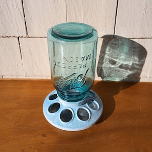 Vintage Light Blue Bird Feeder with Vintage Blue Mason Jar