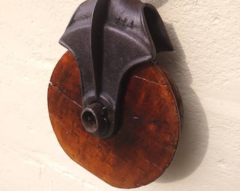 Vintage Metal Pulley with Wooden Wheel - Refinished