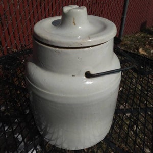 Small Natural Crock with Lid and Wire Handle - Excellent Condition