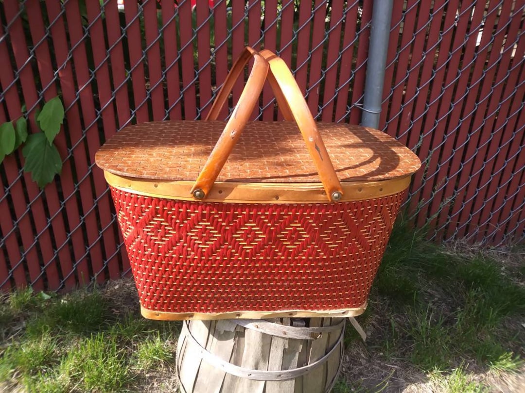 Vintage Redmon Wicker Picnic Basket Beautiful Cranberry Red Etsy