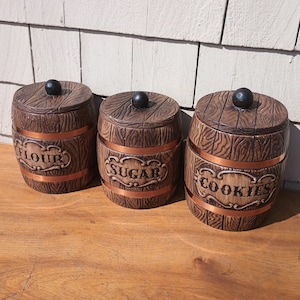 Vintage Ceramic Kitchen Canisters - Flour, Sugar, and Cookies - Classic 70s Look!