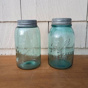 Two Vintage Ball Mason Jars with Zinc and White Porcelain Lids