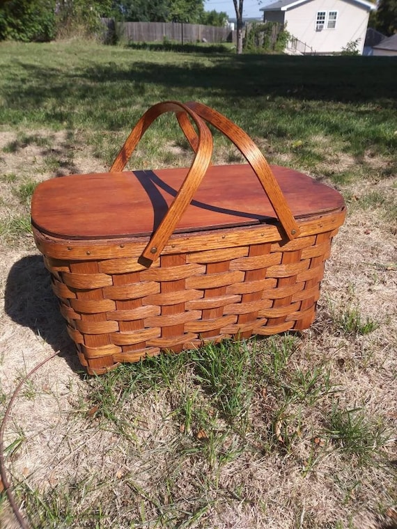 Vintage Shelton Woven Wood Picnic Basket - Beautiful Golden