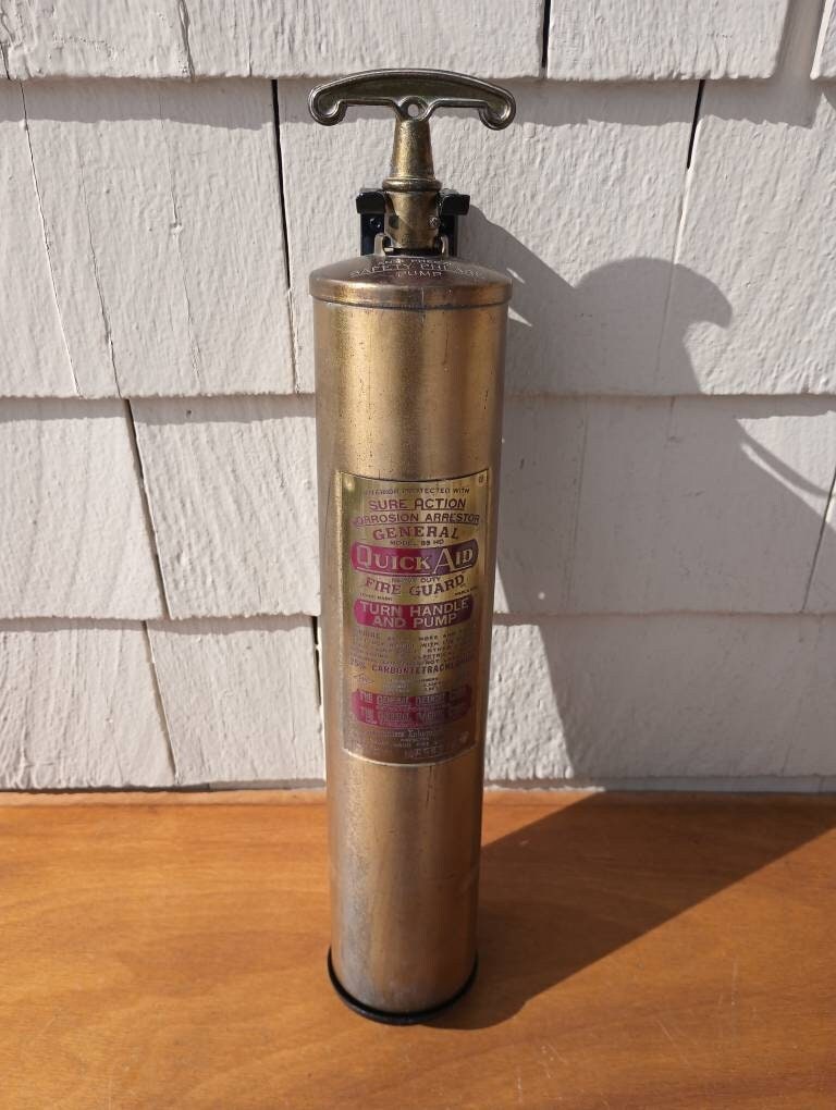 Vintage Brass Fire Extinguisher With Wall Bracket - Quick Aid