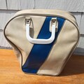 Vintage Bowling Ball Bag - Beige with Dark Blue Stripe and Gold Trim