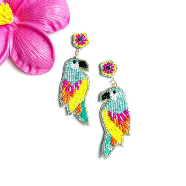 Tropical Parrot Beaded Earrings, Vacation Jewelry