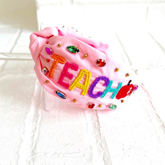 Colorful Embroidered Teacher Pink Headband with Beads Teacher Headband main image 4