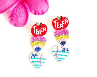 Hand Beaded Teacher Earrings: Apple, Pencil, Heart Dangle
