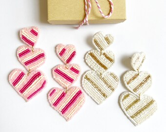 Stacked Heart Earrings, Gift For Her, Heart Jewelry, Beaded Heart Earrings, Heart Statement Earrings, Valentine's Day Gift