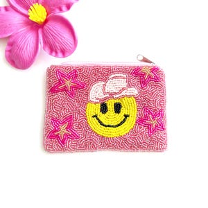 Pink Beaded Smiley Face Mini Bag: Girls Gift Card Coin Purse