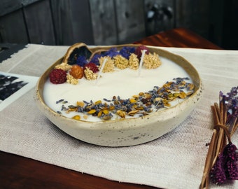 Garden Bloom Collection Candle Bowl - Hand-built Ceramic Bowl, 100% Natural Soy Wax, Garden Grown Wildflowers, Teakwood Scent