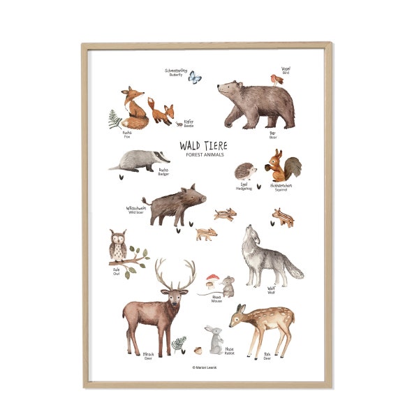 Waldtiere Kunstdruck Poster; Geschenkidee Kinder