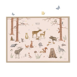 Cartel animales del bosque rosa dibujado a mano, idea de regalo niños, cartel de aprendizaje