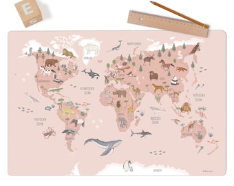 Desk pad world map pink; washable; Gift idea for children