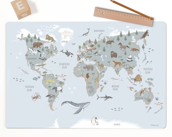 Children's desk mat with world map and animals; washable; gift idea