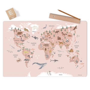 Desk pad world map pink; washable; Gift idea for children